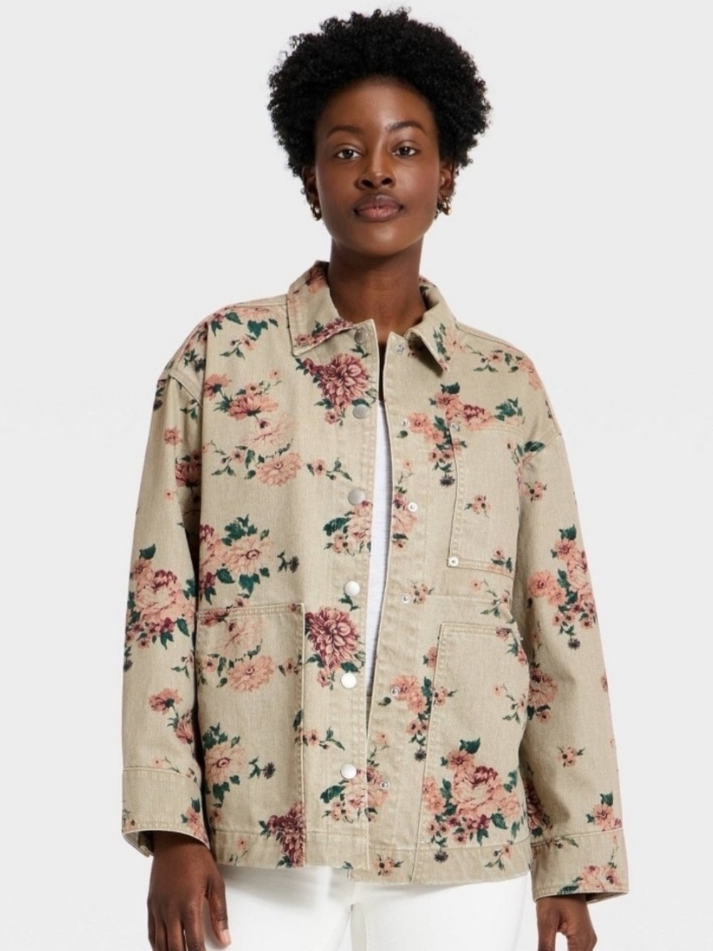 Universal Thread Western Beige Floral Button-Up Denim Oversized Jacket Sz L NWT